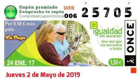 Cupón ONCE premiado el Martes 24/1/2017