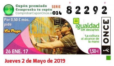 Cupón ONCE premiado el Jueves 26/1/2017