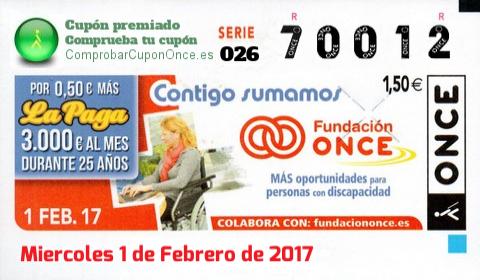 Cupón ONCE premiado el Miercoles 1/2/2017