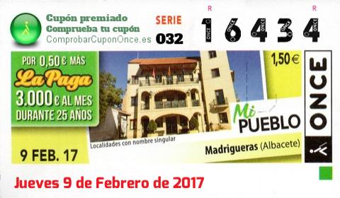 Cupón ONCE premiado el Jueves 9/2/2017