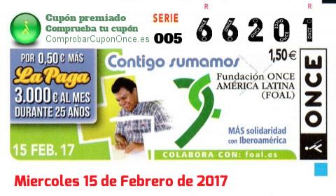 Cupón ONCE premiado el Miercoles 15/2/2017