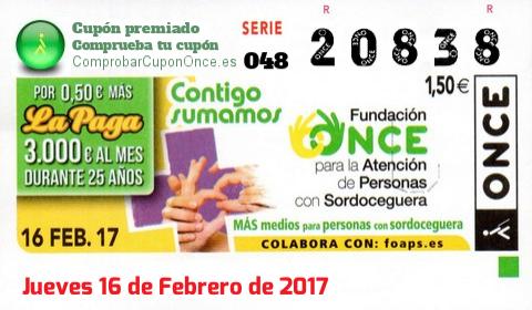 Cupón ONCE premiado el Jueves 16/2/2017