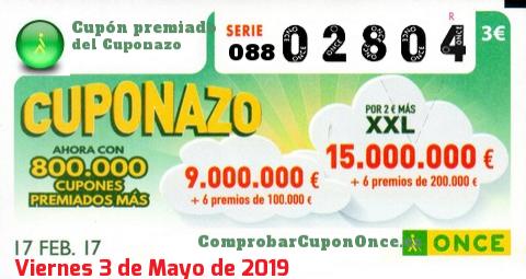 Cuponazo ONCE premiado el Viernes 17/2/2017