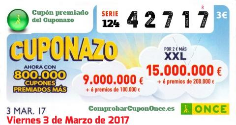 Cuponazo ONCE premiado el Viernes 3/3/2017