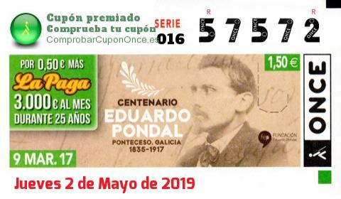 Cupón ONCE premiado el Jueves 9/3/2017