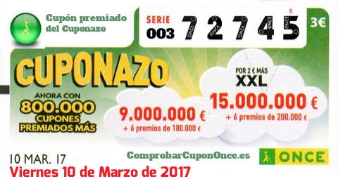 Cuponazo ONCE premiado el Viernes 10/3/2017