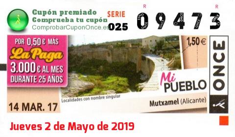 Cupón ONCE premiado el Martes 14/3/2017