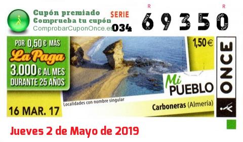 Cupón ONCE premiado el Jueves 16/3/2017