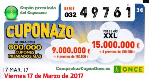 Cuponazo ONCE premiado el Viernes 17/3/2017