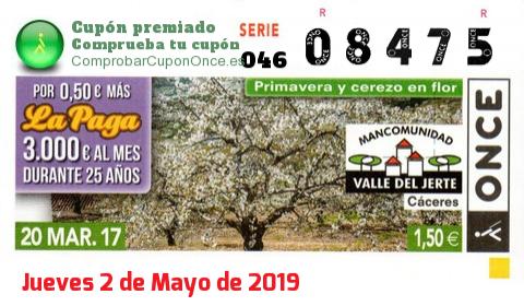 Cupón ONCE premiado el Lunes 20/3/2017