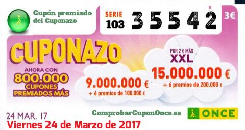 Cuponazo ONCE premiado el Viernes 24/3/2017