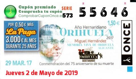 Cupón ONCE premiado el Miercoles 29/3/2017