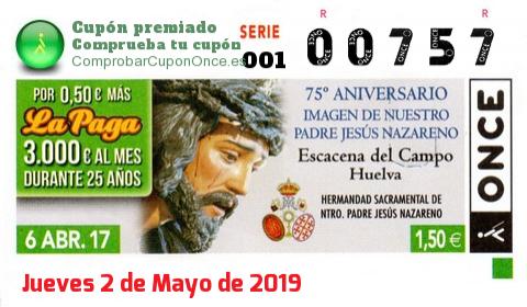 Cupón ONCE premiado el Jueves 6/4/2017