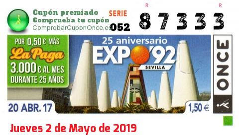 Cupón ONCE premiado el Jueves 20/4/2017