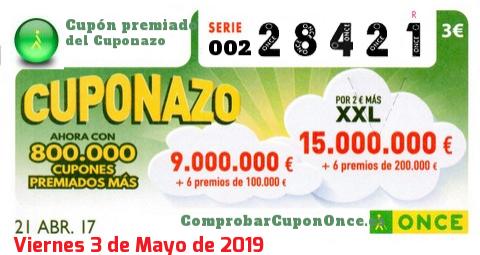 Cuponazo ONCE premiado el Viernes 21/4/2017