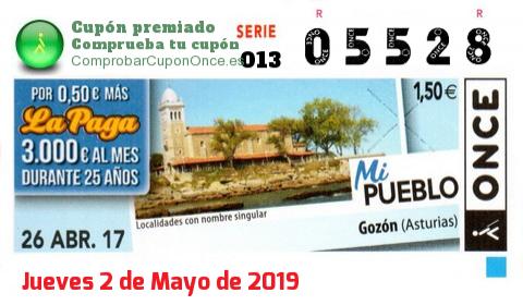 Cupón ONCE premiado el Miercoles 26/4/2017