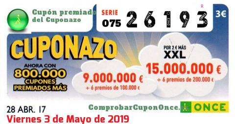 Cuponazo ONCE premiado el Viernes 28/4/2017