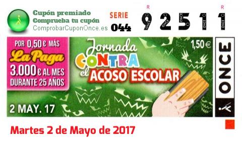 Cupón ONCE premiado el Martes 2/5/2017