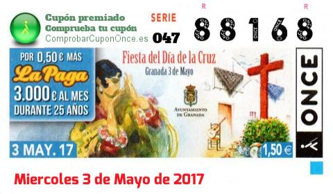 Cupón ONCE premiado el Miercoles 3/5/2017