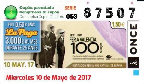 Cupón ONCE premiado el Miercoles 10/5/2017