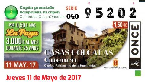 Cupón ONCE premiado el Jueves 11/5/2017