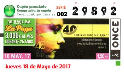 Cupón ONCE premiado el Jueves 18/5/2017