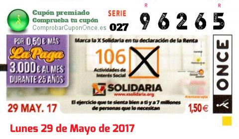 Cupón ONCE premiado el Lunes 29/5/2017