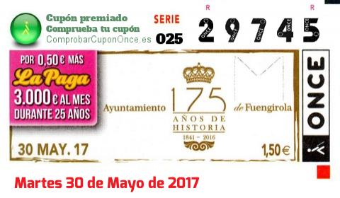 Cupón ONCE premiado el Martes 30/5/2017