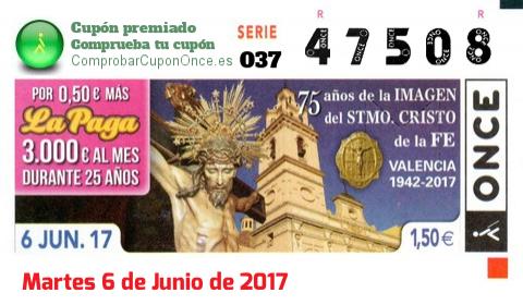 Cupón ONCE premiado el Martes 6/6/2017