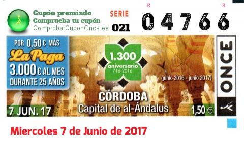 Cupón ONCE premiado el Miercoles 7/6/2017