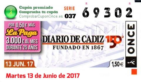 Cupón ONCE premiado el Martes 13/6/2017