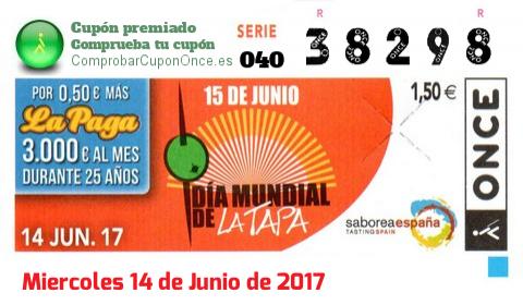 Cupón ONCE premiado el Miercoles 14/6/2017