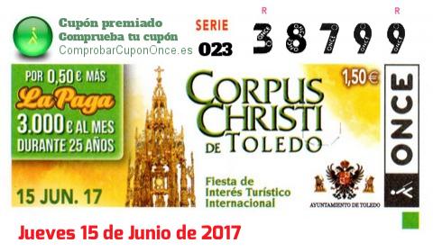 Cupón ONCE premiado el Jueves 15/6/2017