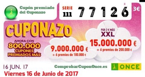 Cuponazo ONCE premiado el Viernes 16/6/2017
