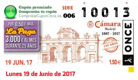 Cupón ONCE premiado el Lunes 19/6/2017