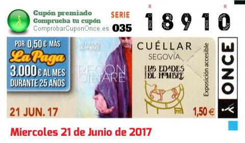 Cupón ONCE premiado el Miercoles 21/6/2017