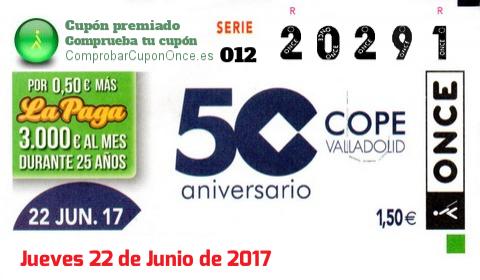 Cupón ONCE premiado el Jueves 22/6/2017