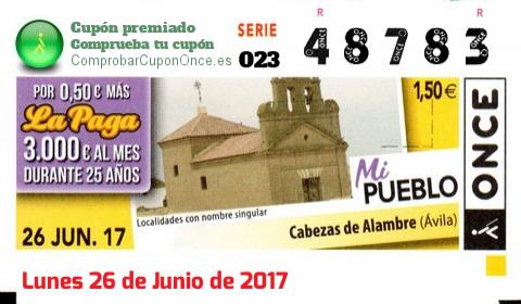 Cupón ONCE premiado el Lunes 26/6/2017