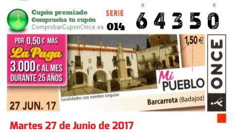 Cupón ONCE premiado el Martes 27/6/2017