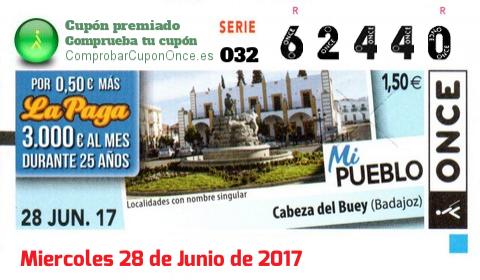 Cupón ONCE premiado el Miercoles 28/6/2017