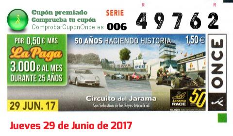 Cupón ONCE premiado el Jueves 29/6/2017