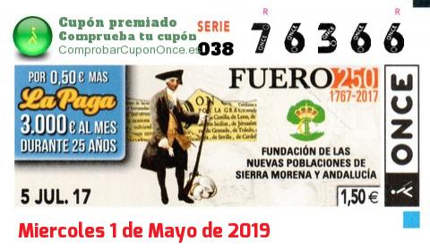 Cupón ONCE premiado el Miercoles 5/7/2017