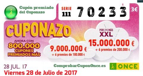 Cuponazo ONCE premiado el Viernes 28/7/2017