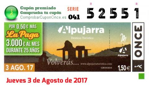 Cupón ONCE premiado el Jueves 3/8/2017