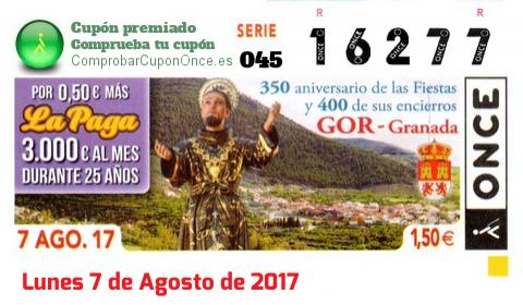 Cupón ONCE premiado el Lunes 7/8/2017