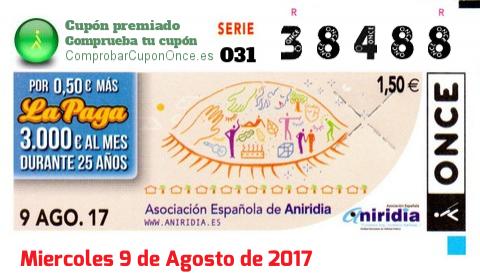 Cupón ONCE premiado el Miercoles 9/8/2017