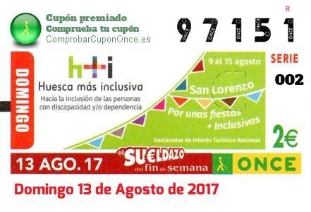 Sueldazo ONCE premiado el Domingo 13/8/2017