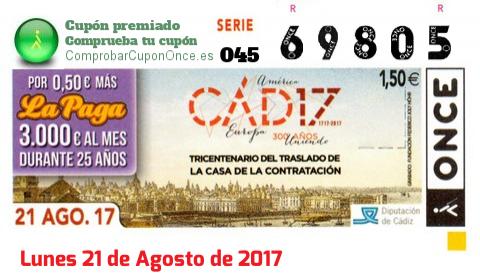 Cupón ONCE premiado el Lunes 21/8/2017