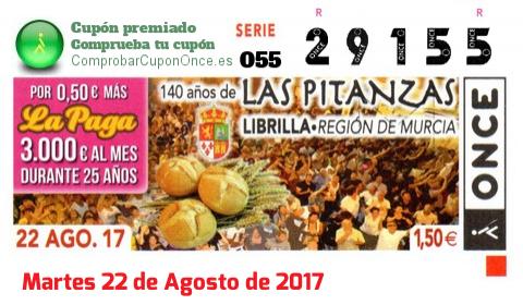 Cupón ONCE premiado el Martes 22/8/2017