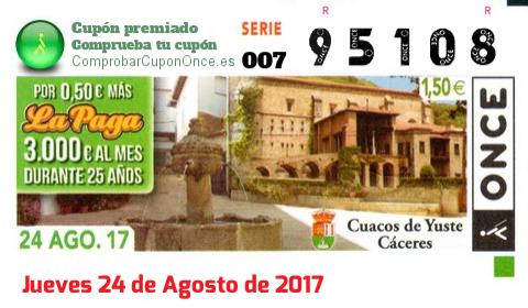 Cupón ONCE premiado el Jueves 24/8/2017